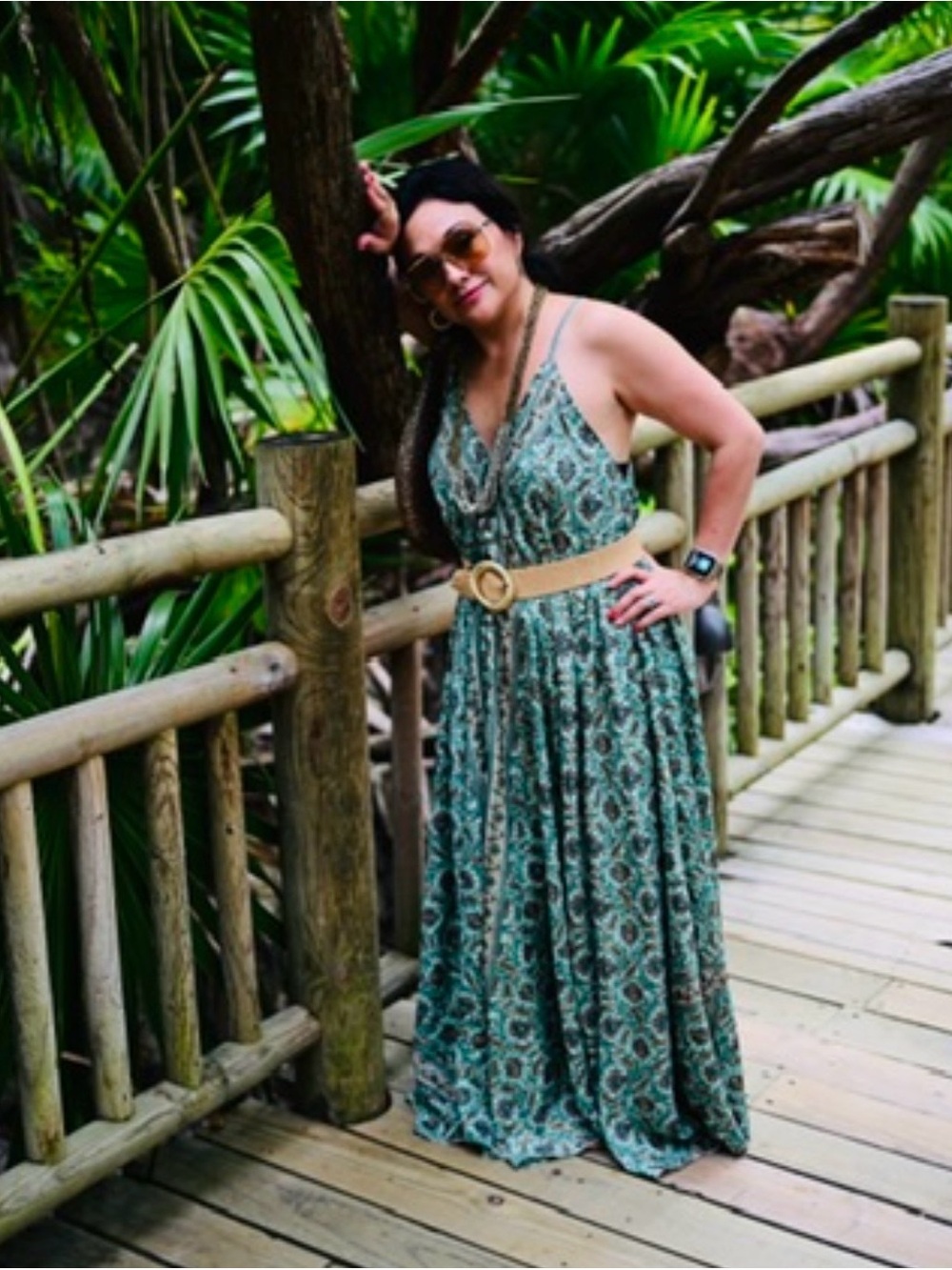 Bohemian V-Neck Green Printed Maxi Dress without belt